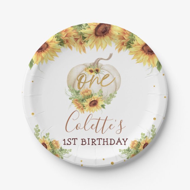 Gold Glitter Sunflower Pumpkin 1st Birthday Plate (Front)
