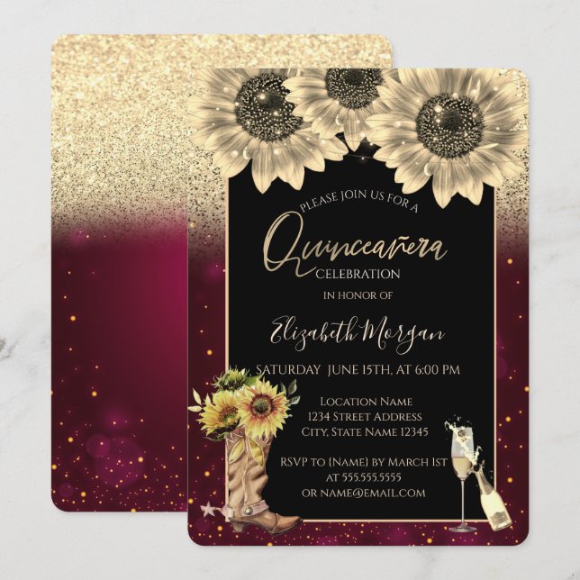 Gold Glitter Sunflowers,Burgundy Quinceanera  Invitation (Front/Back)