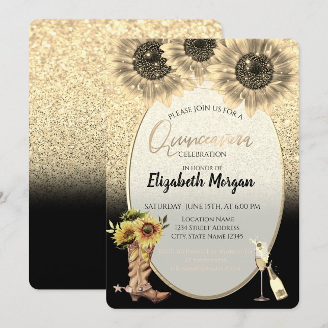 Gold Glitter, Sunflowers,Glass Quinceanera  Invitation (Front/Back)