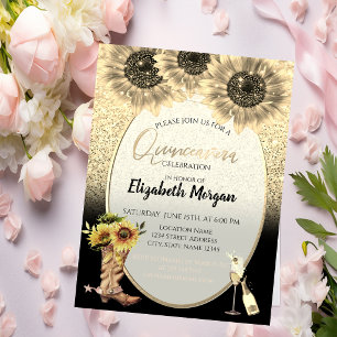 Gold Glitter, Sunflowers,Glass Quinceanera Invitation