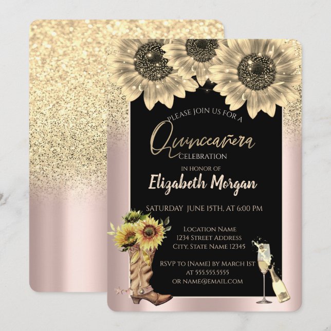 Gold Glitter Sunflowers,  Rose Gold Quinceanera Invitation (Front/Back)