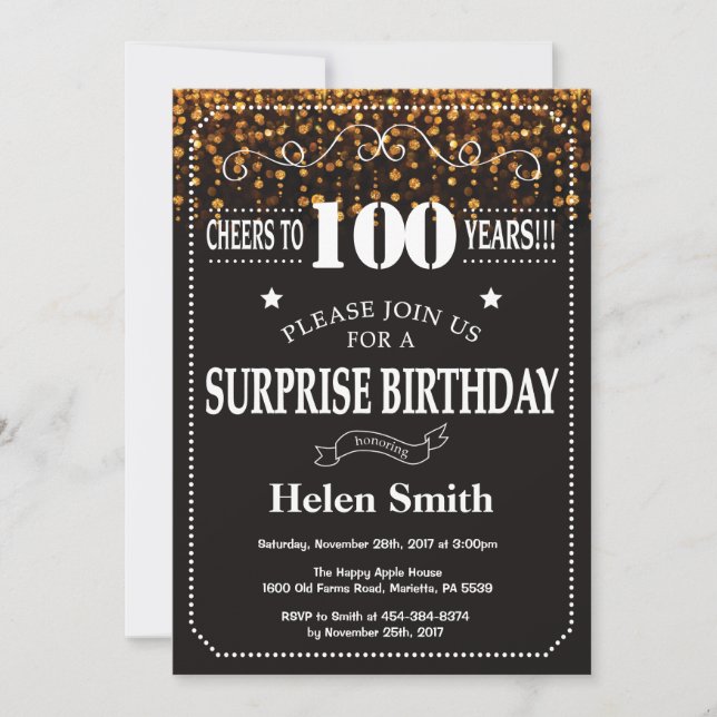 Gold Glitter Surprise 100th Birthday Invitation (Front)