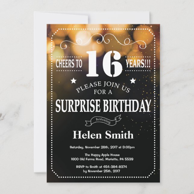 Gold Glitter Surprise 16th Birthday Invitation (Front)