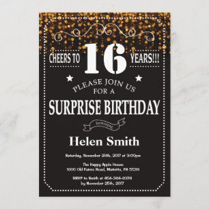 Gold Glitter Surprise 16th Birthday Invitation