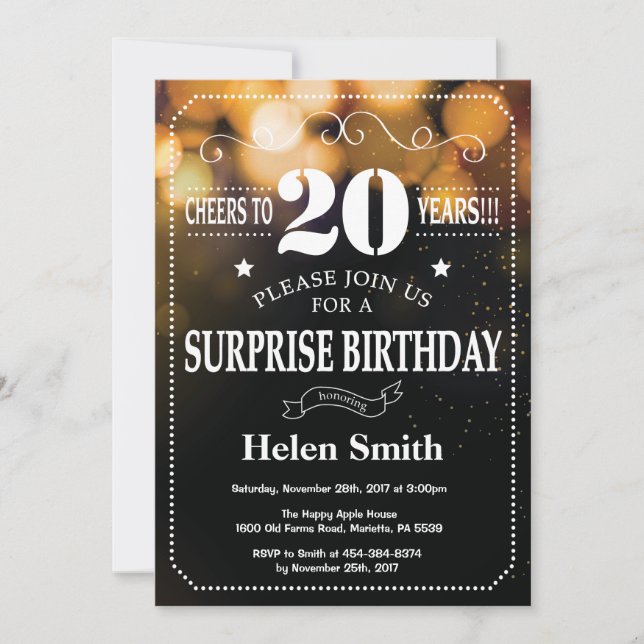 Gold Glitter Surprise 20th Birthday Invitation (Front)
