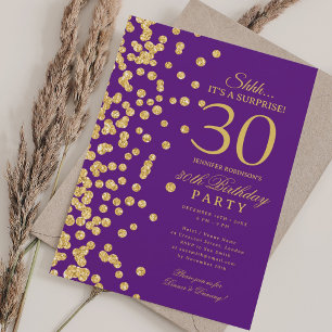 Gold Glitter Surprise 30th Birthday Purple Invitation
