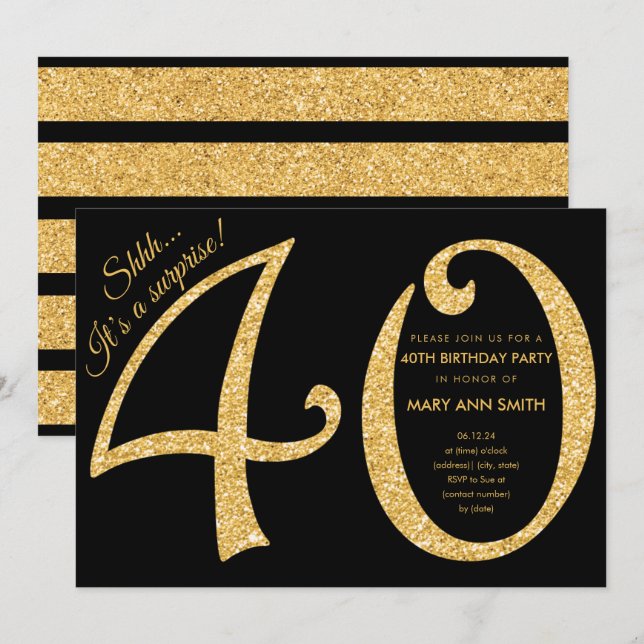 Gold Glitter Surprise 40th Birthday Party Invitation (Front/Back)