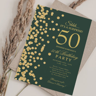 Gold Glitter Surprise 50th Birthday Party Green Invitation