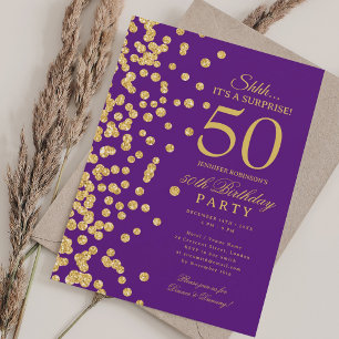 Gold Glitter Surprise 50th Birthday Purple Invitation
