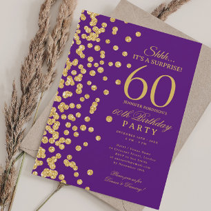Gold Glitter Surprise 60th Birthday Party Purple Invitation