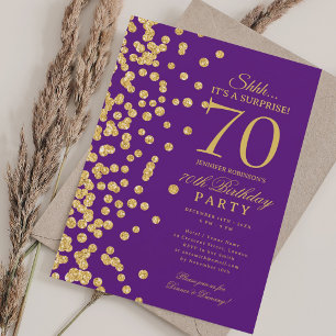 Gold Glitter Surprise 70th Birthday Purple Invitation