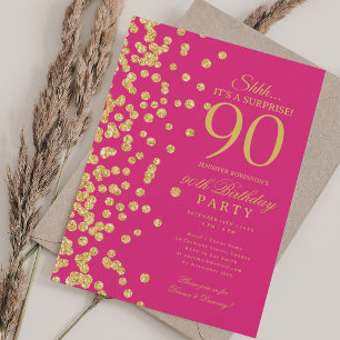 Gold Glitter Surprise 90th Birthday Hot Pink Invitation