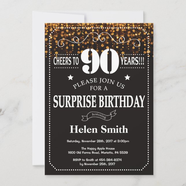 Gold Glitter Surprise 90th Birthday Invitation (Front)