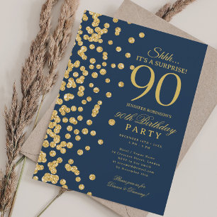 Gold Glitter Surprise 90th Birthday Navy Blue Invitation