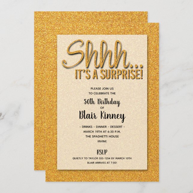 Gold Glitter SURPRISE Birthday Invitations (Front/Back)