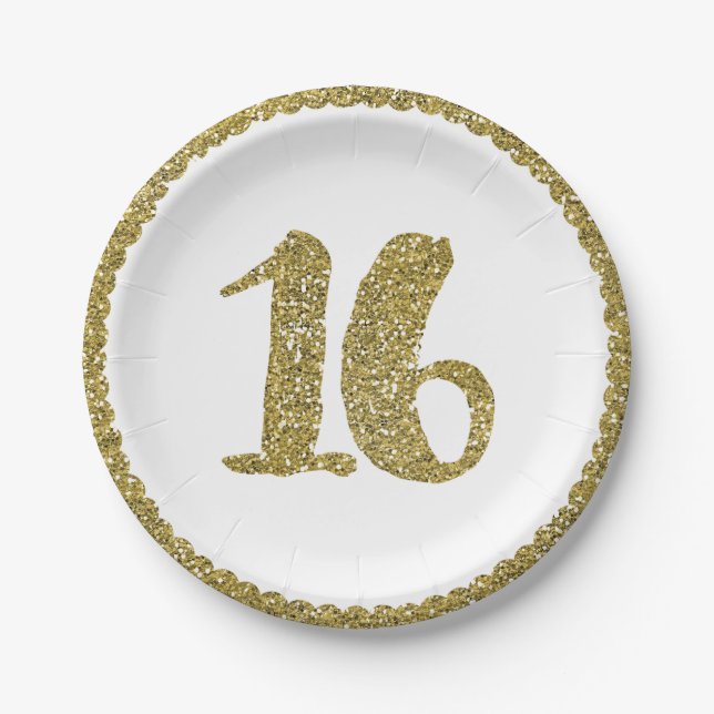 Gold Glitter Sweet 16 16TH Birthday Party Paper Plate (Front)