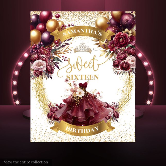 Gold Glitter Sweet 16 Backdrop Burgundy Flowers Tapestry (Gold Glitter Sweet 16 Backdrop Burgundy Flowers)