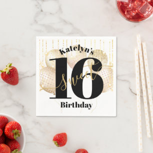 Gold Glitter Sweet 16 Birthday Balloons White Bold Napkin