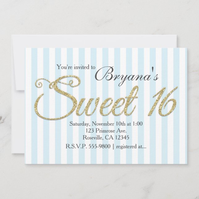 GOLD GLITTER SWEET 16 Blue Party Invitations (Front)