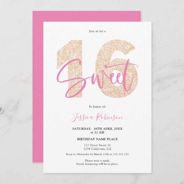 Gold glitter Sweet 16 girly script photo birthday Invitation (Front/Back)