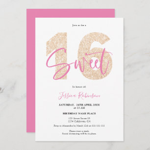 Gold glitter Sweet 16 girly script photo birthday Invitation