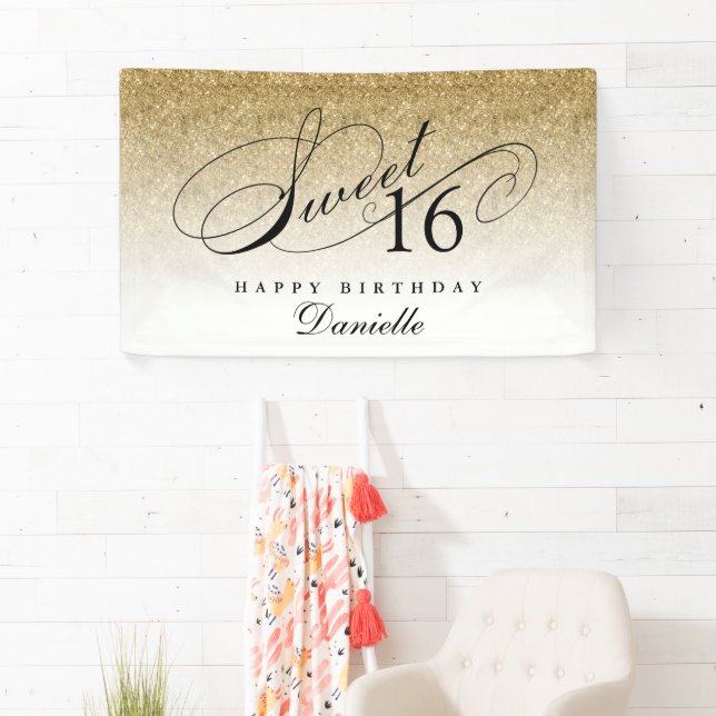 Gold Glitter Sweet 16 Personalised  Birthday  Banner (Insitu)