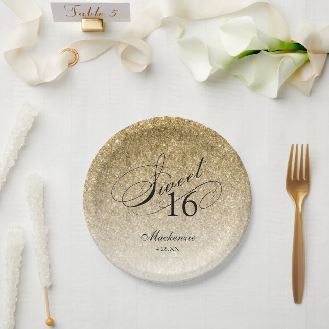 Gold Glitter Sweet 16 Personalised Paper Plate (Wedding)