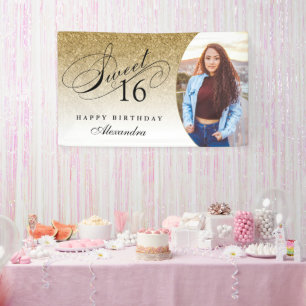 Gold Glitter Sweet 16 Personalised Photo Banner