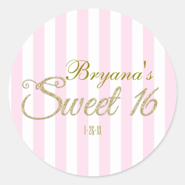 Gold Glitter SWEET 16 Pink Party Favour Stickers (Front)