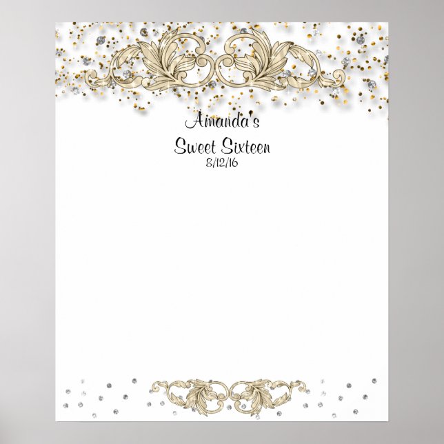 Gold Glitter, Sweet Sixteen, Bat Mitzvah Sign in (Front)