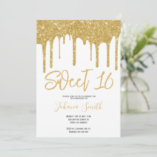 Gold Glitter Sweet Sixteen Girl Birthday Party Invitation