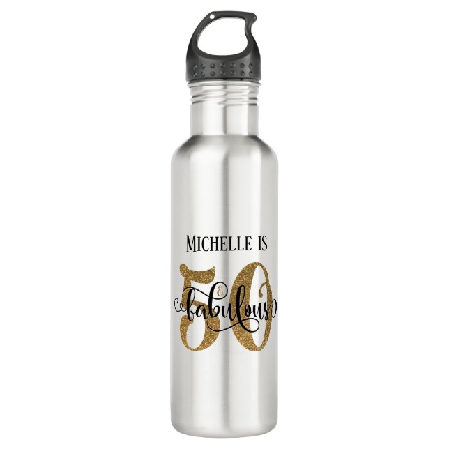 Gold Glitter & Swirling Script 50 & Fabulous 710 Ml Water Bottle (Front)