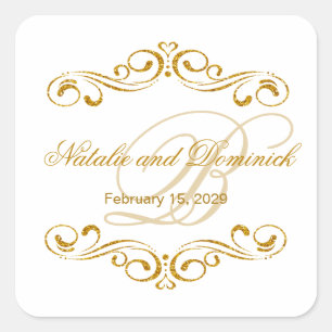 Gold glitter swirls Wedding Monogram Logo Square Sticker