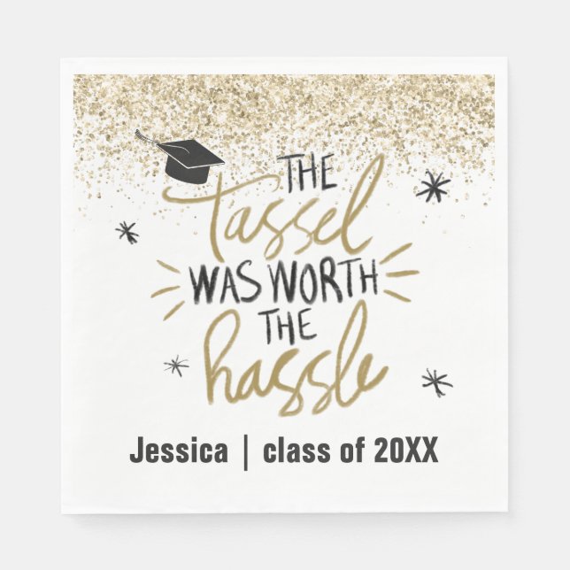 Gold Glitter Tassel Worth the Hassle Graduation Napkin (Front)