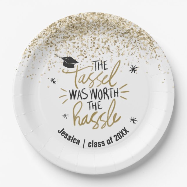 Gold Glitter Tassel Worth the Hassle Graduation Paper Plate (Front)
