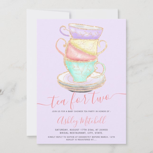 Gold glitter tea cup watercolor purple baby shower invitation (Front)