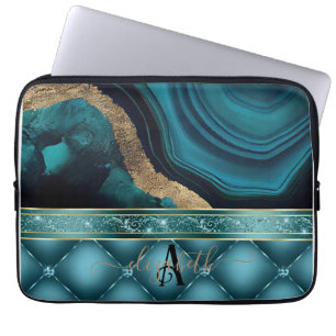 Gold Glitter Teal Agate Marble Diamonds  Laptop Sleeve