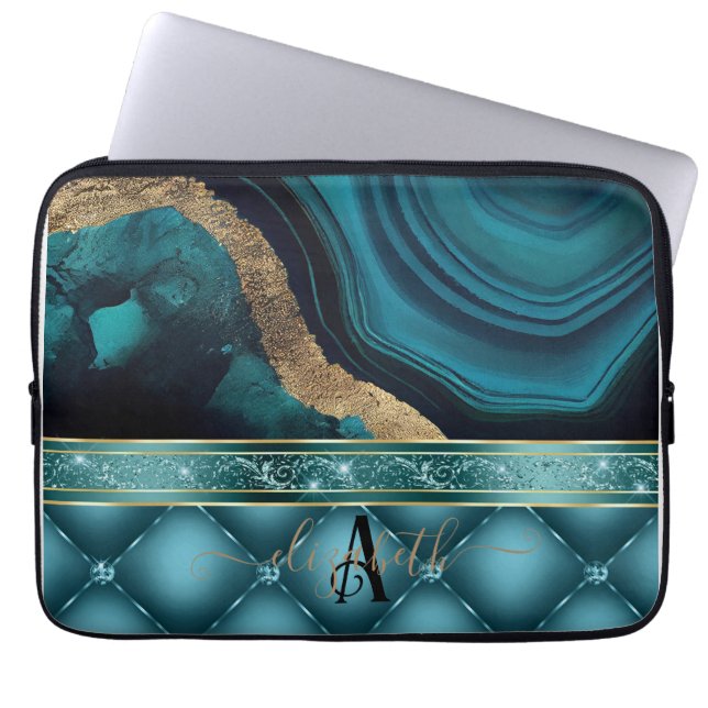 Gold Glitter Teal Agate Marble Diamonds  Laptop Sleeve (Front)