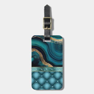 Gold Glitter Teal Agate Marble Diamonds  Luggage Tag