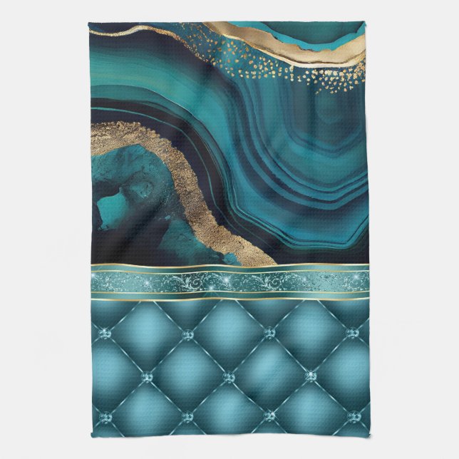 Gold Glitter Teal Agate Marble Diamonds  Tea Towel (Vertical)