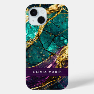 Gold Glitter Teal and Purple Gemstone Custom Name iPhone 15 Case