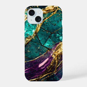 Gold Glitter Teal and Purple Glass Art Gemstone iPhone 15 Case
