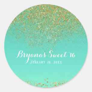 Gold Glitter & Teal Aqua Glam Birthday Party Favou Classic Round Sticker