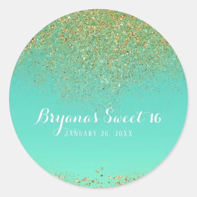 Gold Glitter & Teal Aqua Glam Birthday Party Favou Classic Round Sticker (Front)