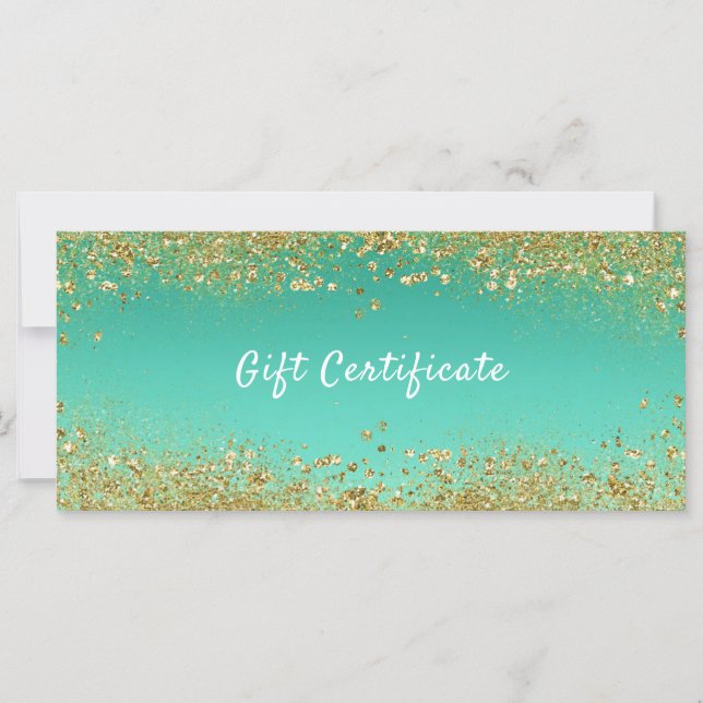 Gold Glitter & Teal Aqua Glam Gift Certificate (Front)