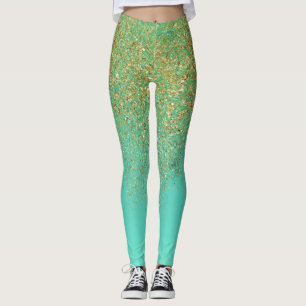 Gold Glitter & Teal Aqua Glam Sparkle Glittery Leggings