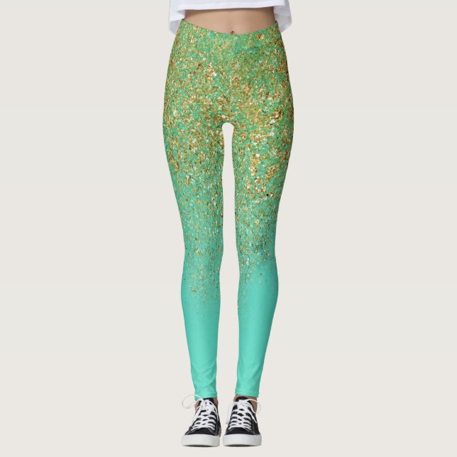 Gold Glitter & Teal Aqua Glam Sparkle Glittery Leggings (Front)