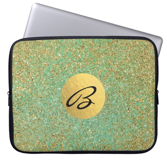 Gold Glitter Teal Aqua Green Glam Trendy Laptop Sleeve (Front)