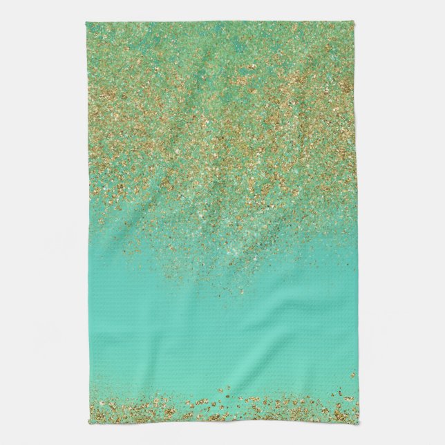 Gold Glitter & Teal Aqua Modern Girly Trendy Glam Tea Towel (Vertical)