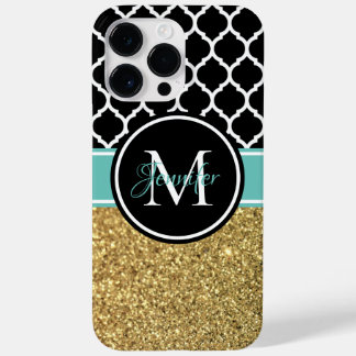 Gold Glitter Teal Black White Trellis Monogram Case-Mate iPhone 14 Pro Max Case